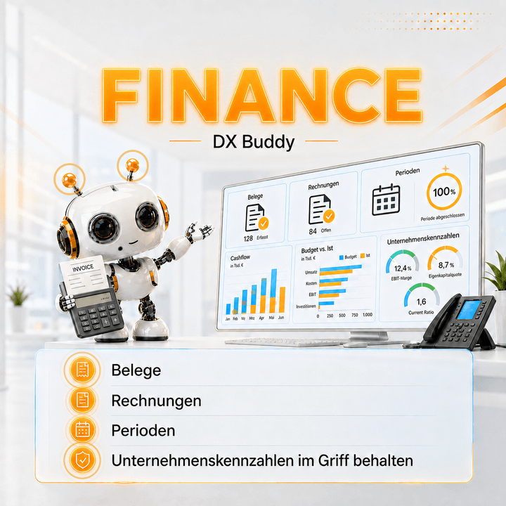 Animierter Finance dx-Buddy für Belege, Rechnungen, Perioden und Unternehmenskennzahlen