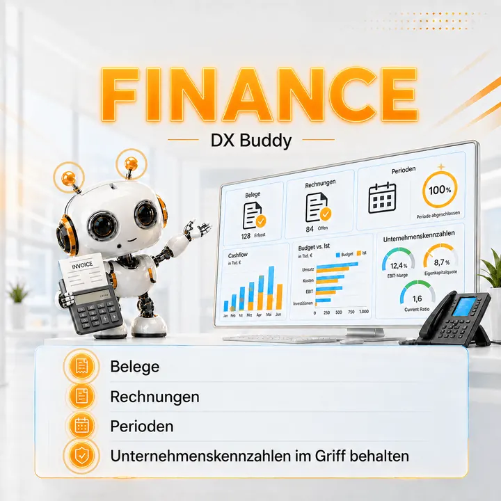 Animierter Finance dx-Buddy für Belege, Rechnungen, Perioden und Unternehmenskennzahlen