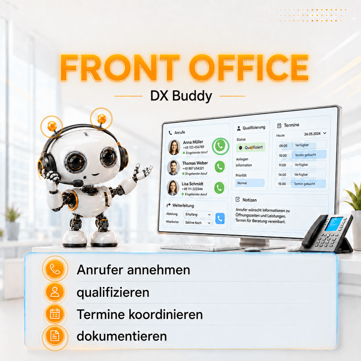 Animierter Front Office dx-Buddy für Anrufe, Qualifizierung, Termine und Dokumentation