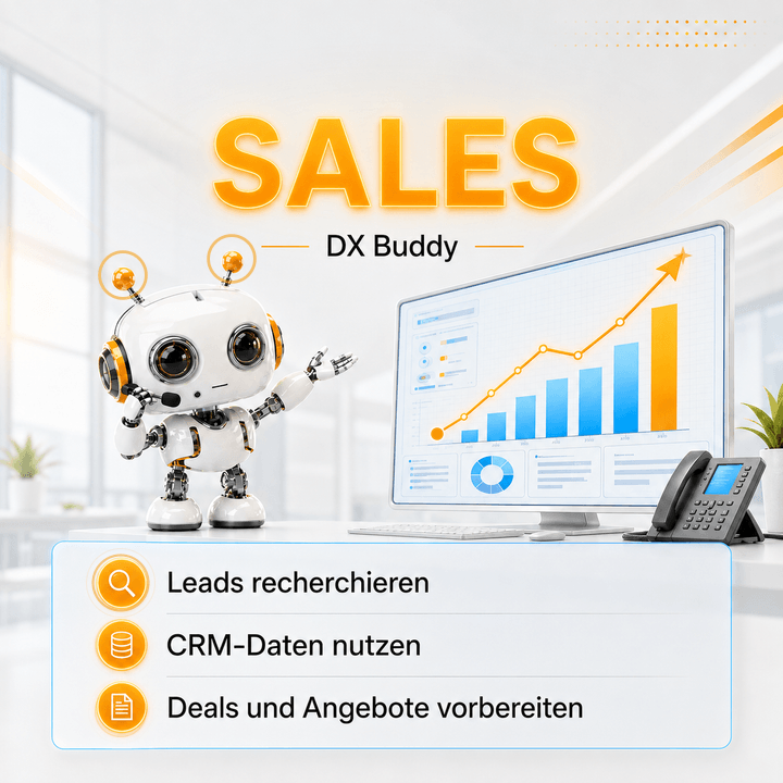 Animierter Sales dx-Buddy für Lead-Recherche, CRM-Daten, Deals und Angebote