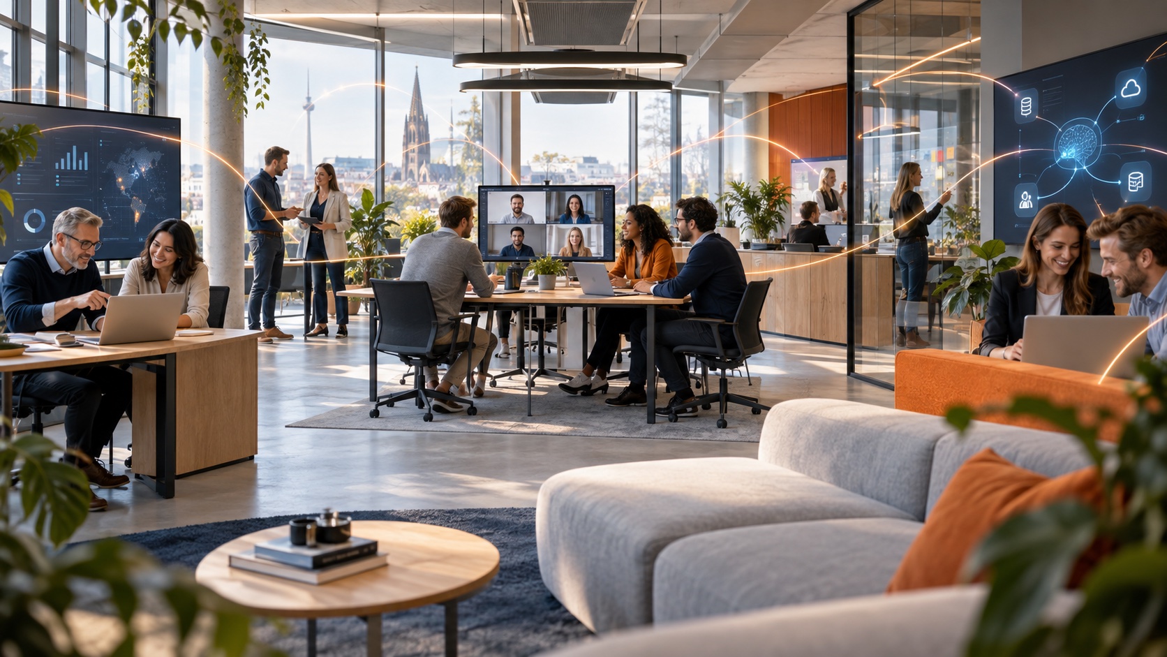 Mehrere Teams arbeiten in einem vernetzten Unternehmen gemeinsam mit digitalen Systemen