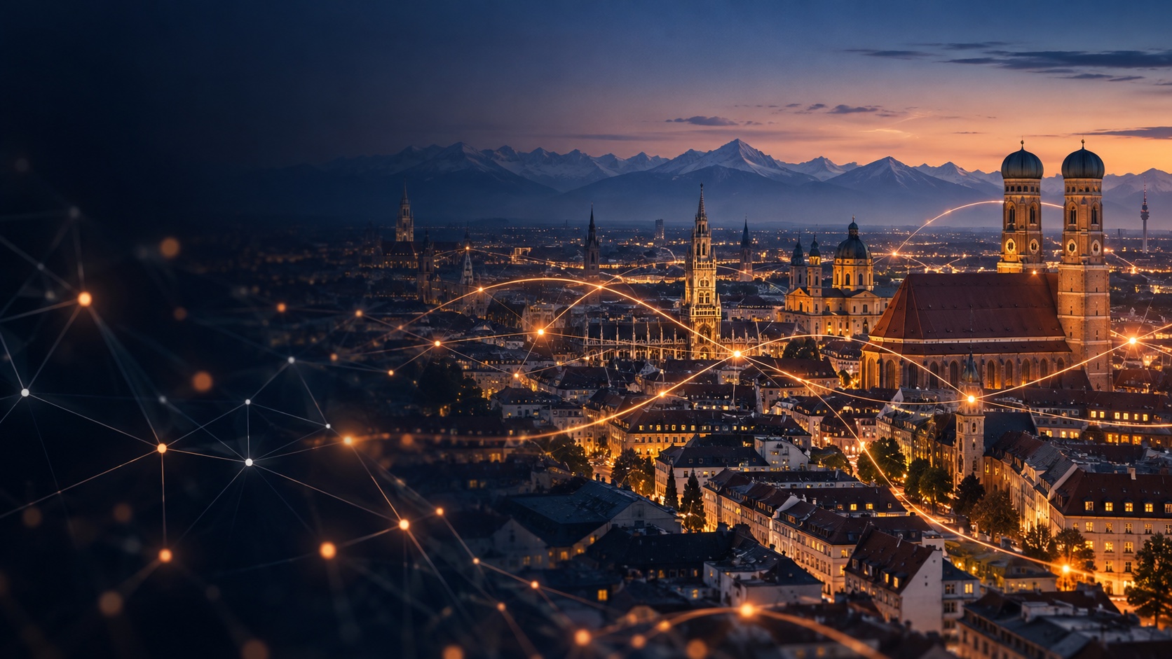 Münchner Skyline bei Dämmerung, verbunden durch leuchtende Datenlinien